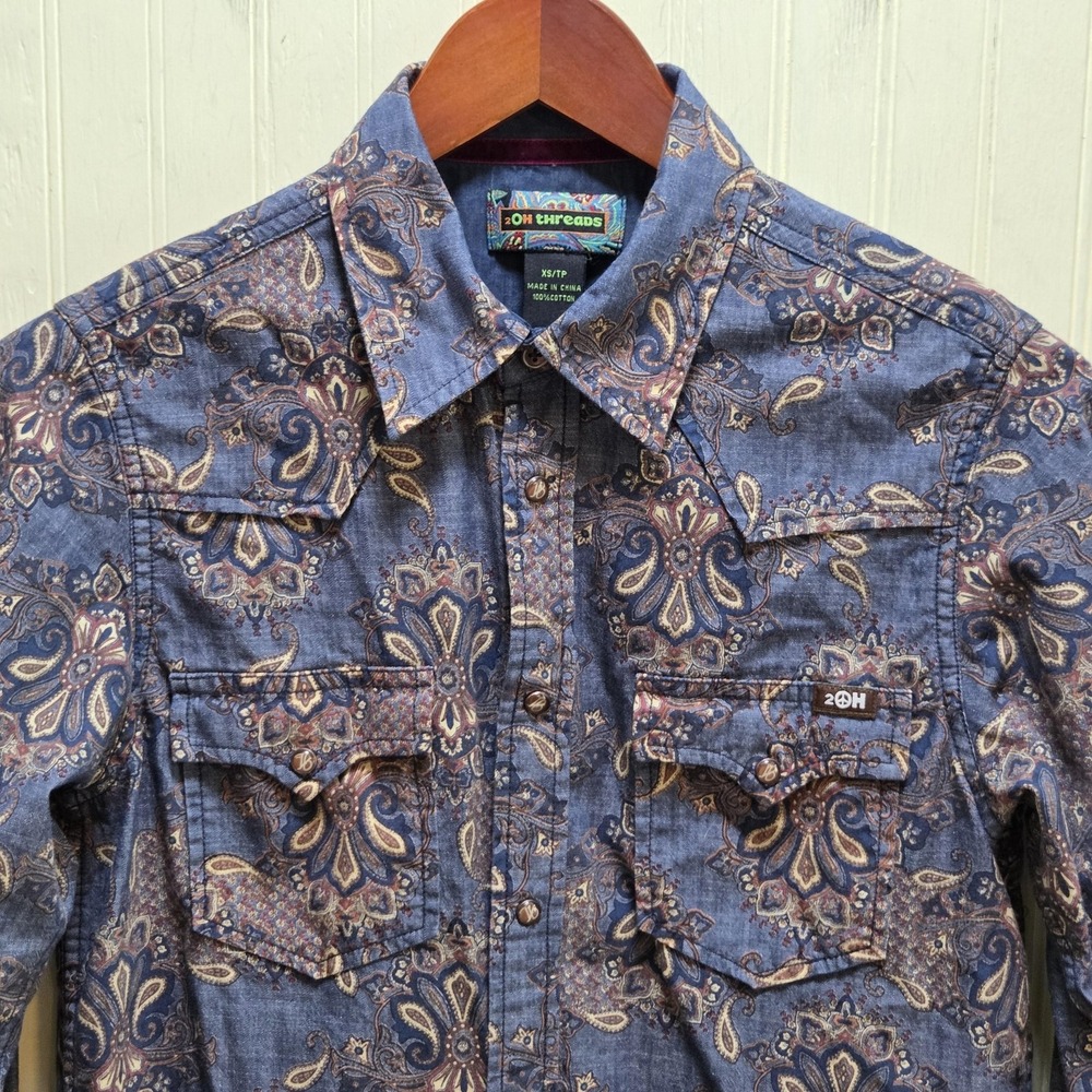2OH Threads Button Up Shirt Womens XS Blue Collared Long Sleeve Paisley Denim‎